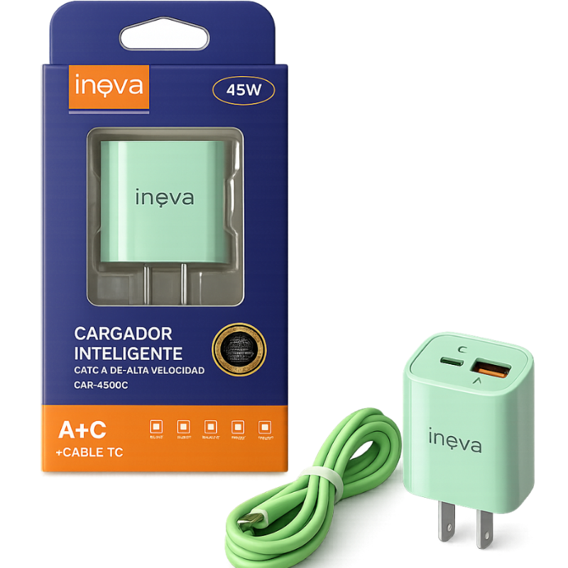 Cargador  45w  Con 1 Puerto Tipo C Y 1 Puerto Usb Car-4500c Inova